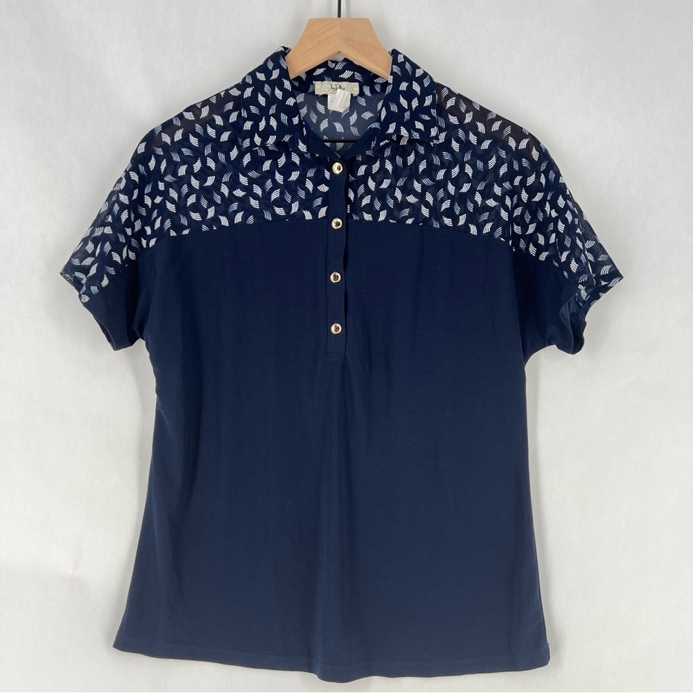 Ivy Ridge Navy Blue Patterned Mesh Neckline Stretch Jersey Knit Dolman Polo Top
